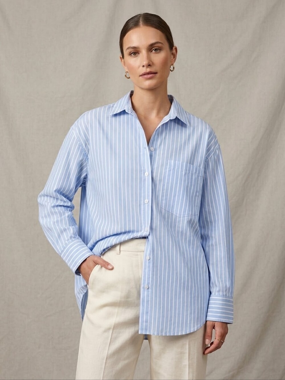 Monique Vanheist Blue White Striped Cotton Button Up Stay Over Shirt S Oversized